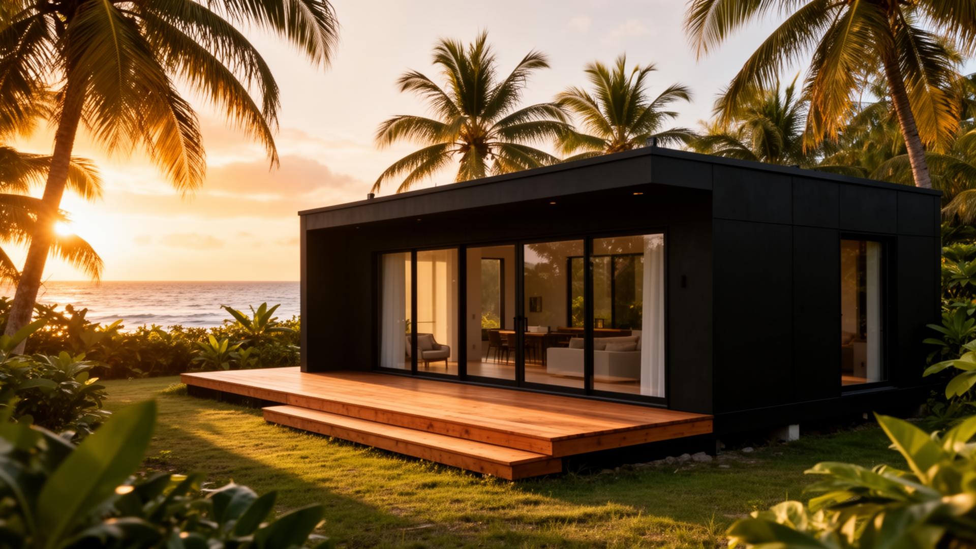 Habitat modulaire Smar Home dans les Caraïbes au coucher du soleil
